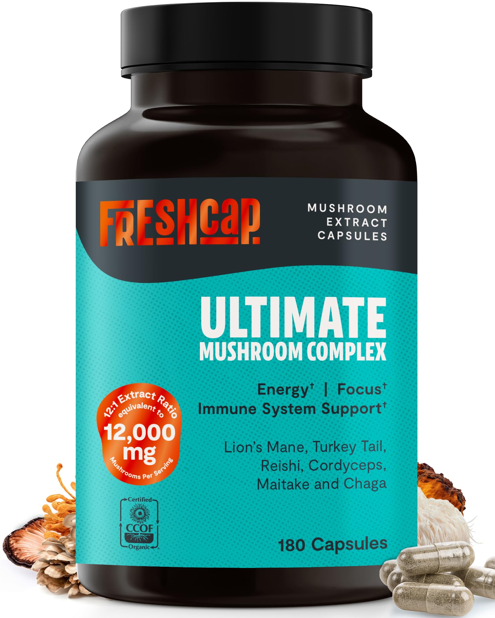 FreshCap Ultimate Mushroom Supplement bottle may support focus and energy.