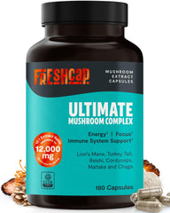 FreshCap Ultimate Mushroom Supplement bottle may support focus and energy.