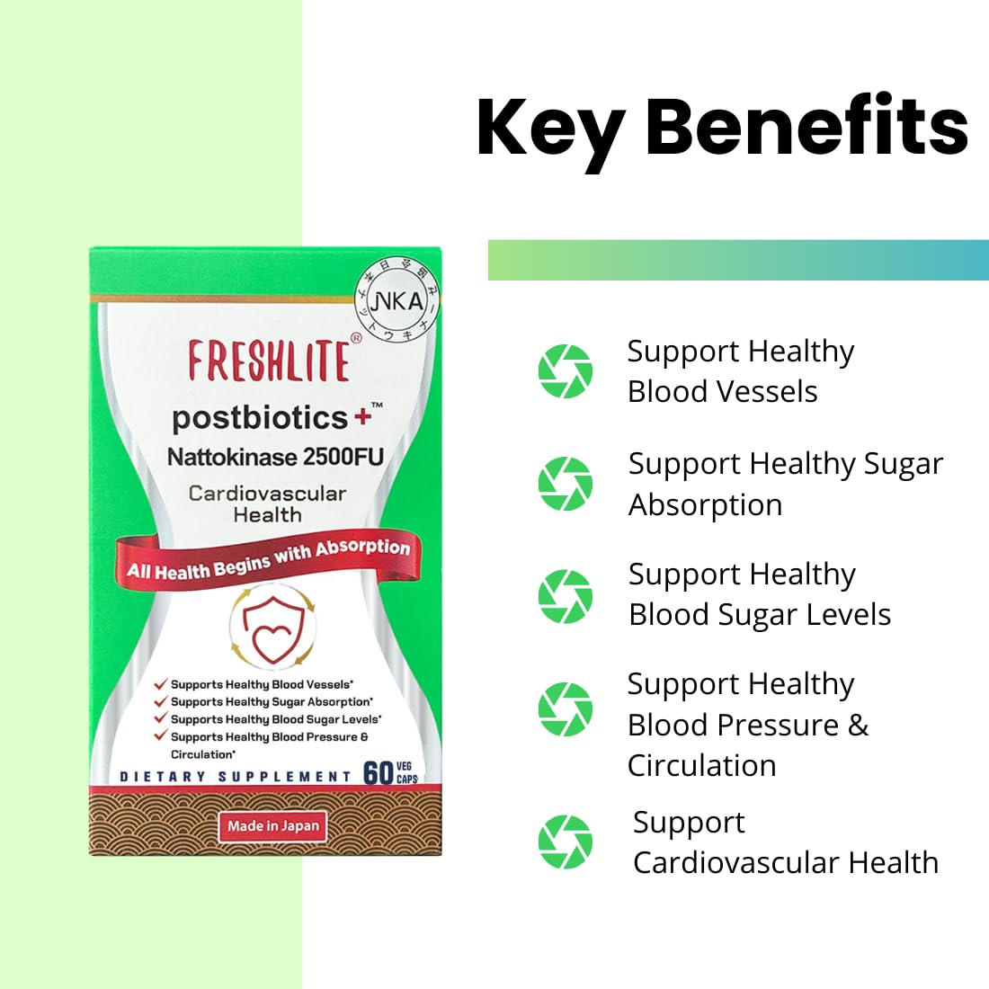 FRESHLITE postbiotics capsules on shelf highlighting vegan-friendly digestion support.