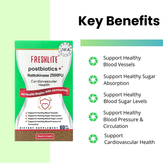 FRESHLITE postbiotics capsules on shelf highlighting vegan-friendly digestion support.