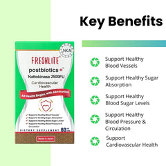 FRESHLITE postbiotics capsules on shelf highlighting vegan-friendly digestion support.