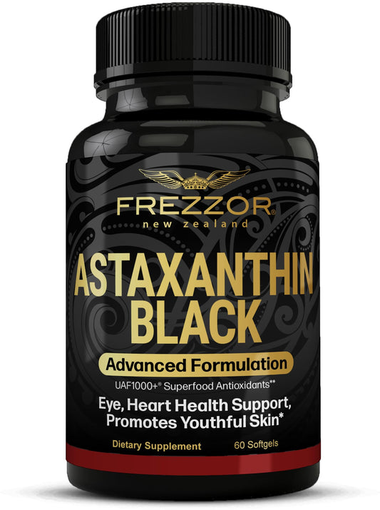 Frezzor Astaxanthin Black 12mg bottle highlighting antioxidant support and UV protection potential