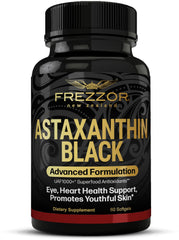 Frezzor Astaxanthin Black 12mg bottle highlighting antioxidant support and UV protection potential