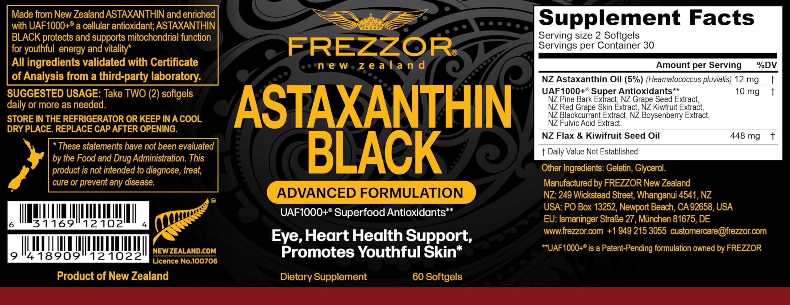 Frezzor Astaxanthin Black softgels close-up for endurance and recovery support