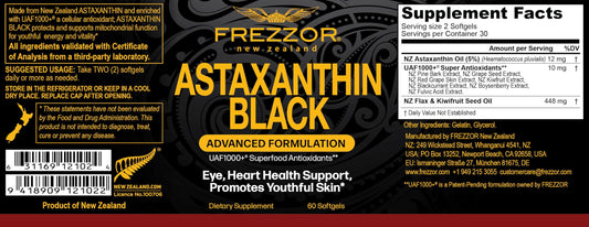 Frezzor Astaxanthin Black softgels close-up for endurance and recovery support