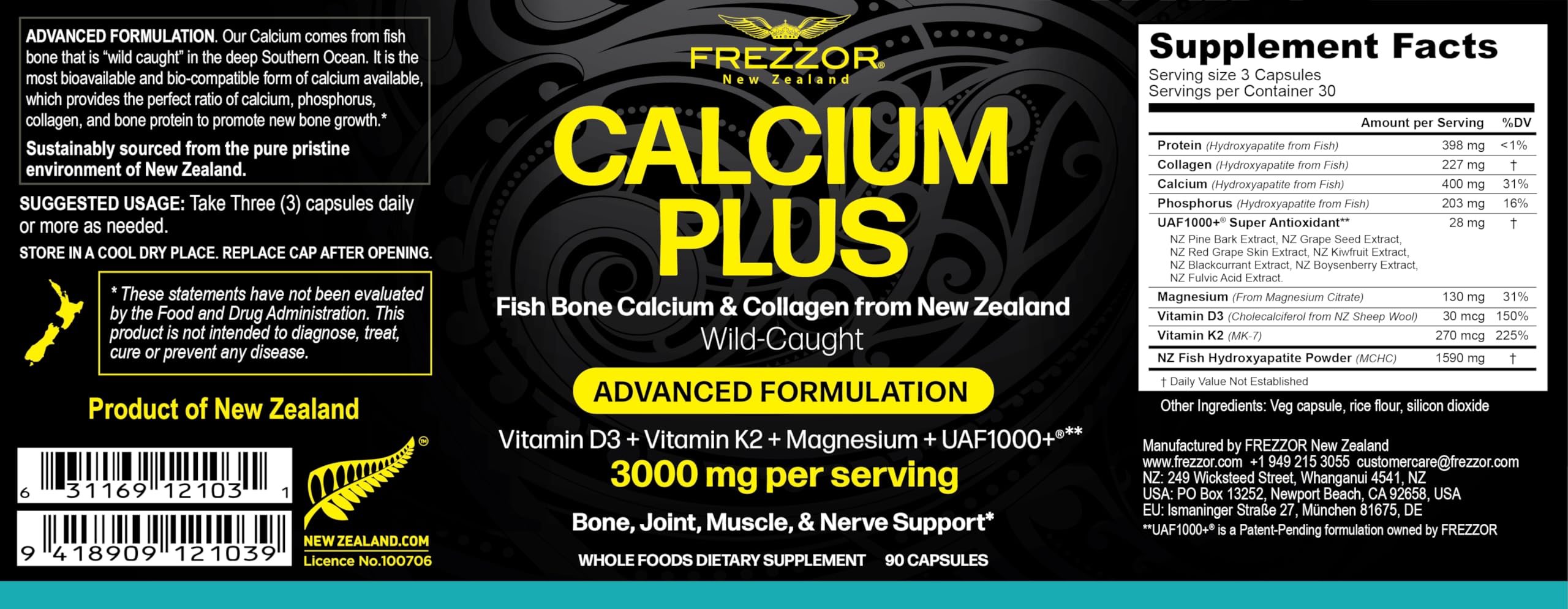 FREZZOR Calcium Plus bottle label highlights key minerals.