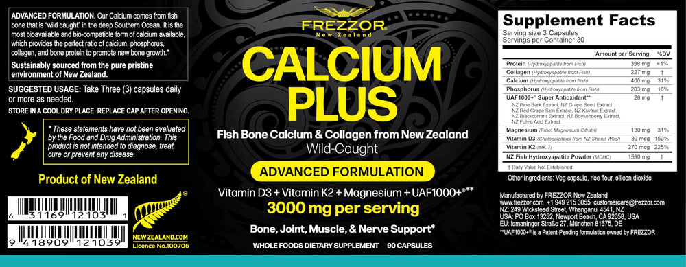 FREZZOR Calcium Plus bottle label highlights key minerals.