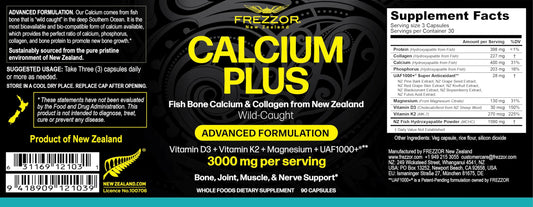 FREZZOR Calcium Plus bottle label highlights key minerals.