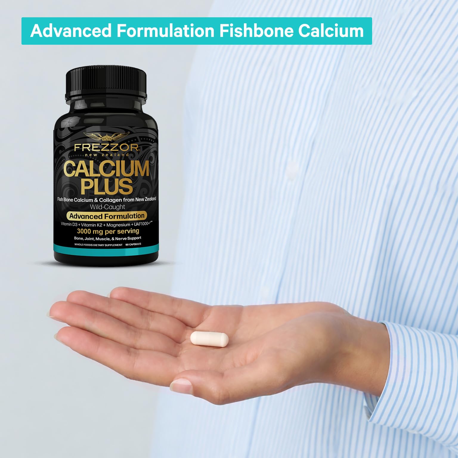 FREZZOR Calcium Plus lab testing seal indicating quality.