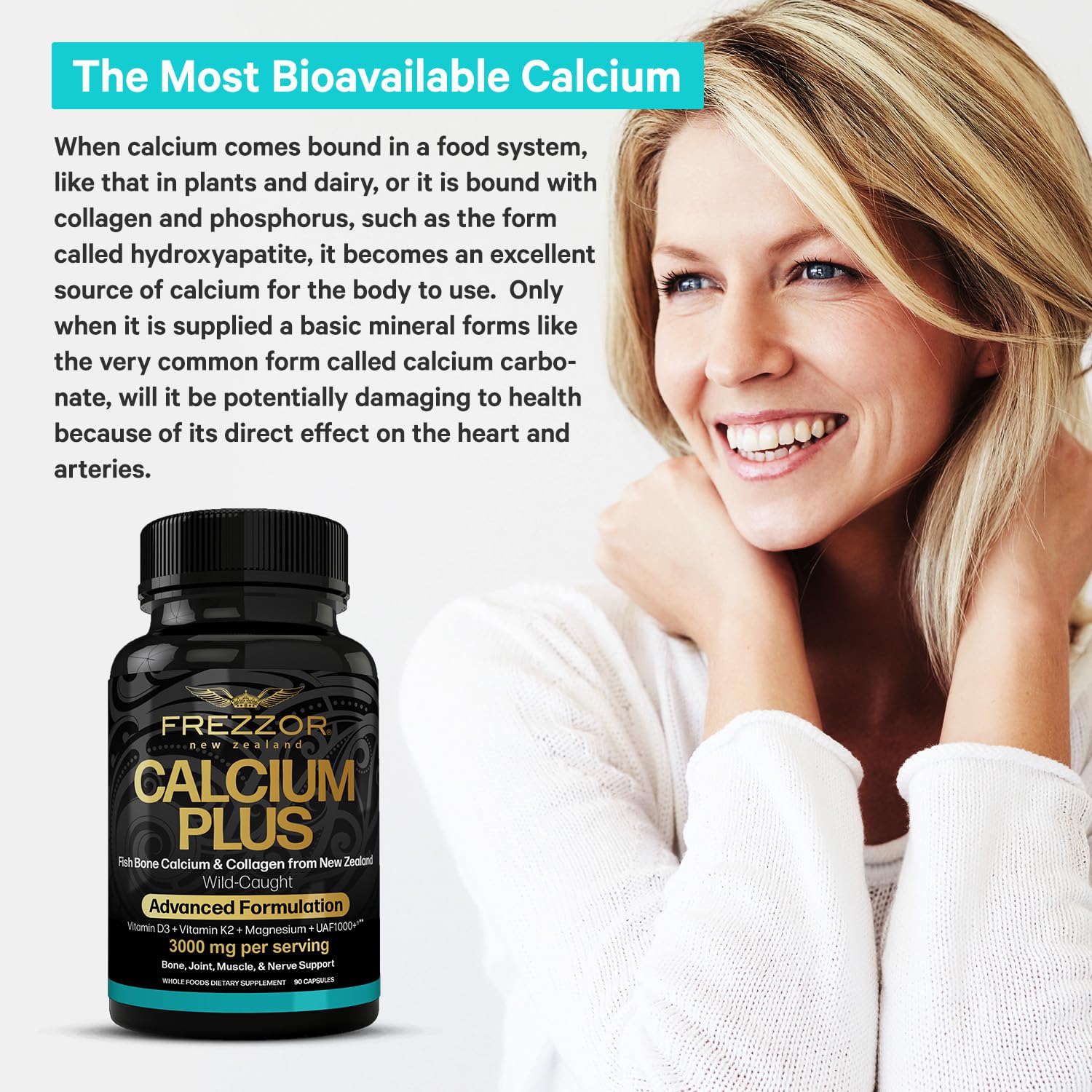 FREZZOR Calcium Plus packaging box showing nutrition details.
