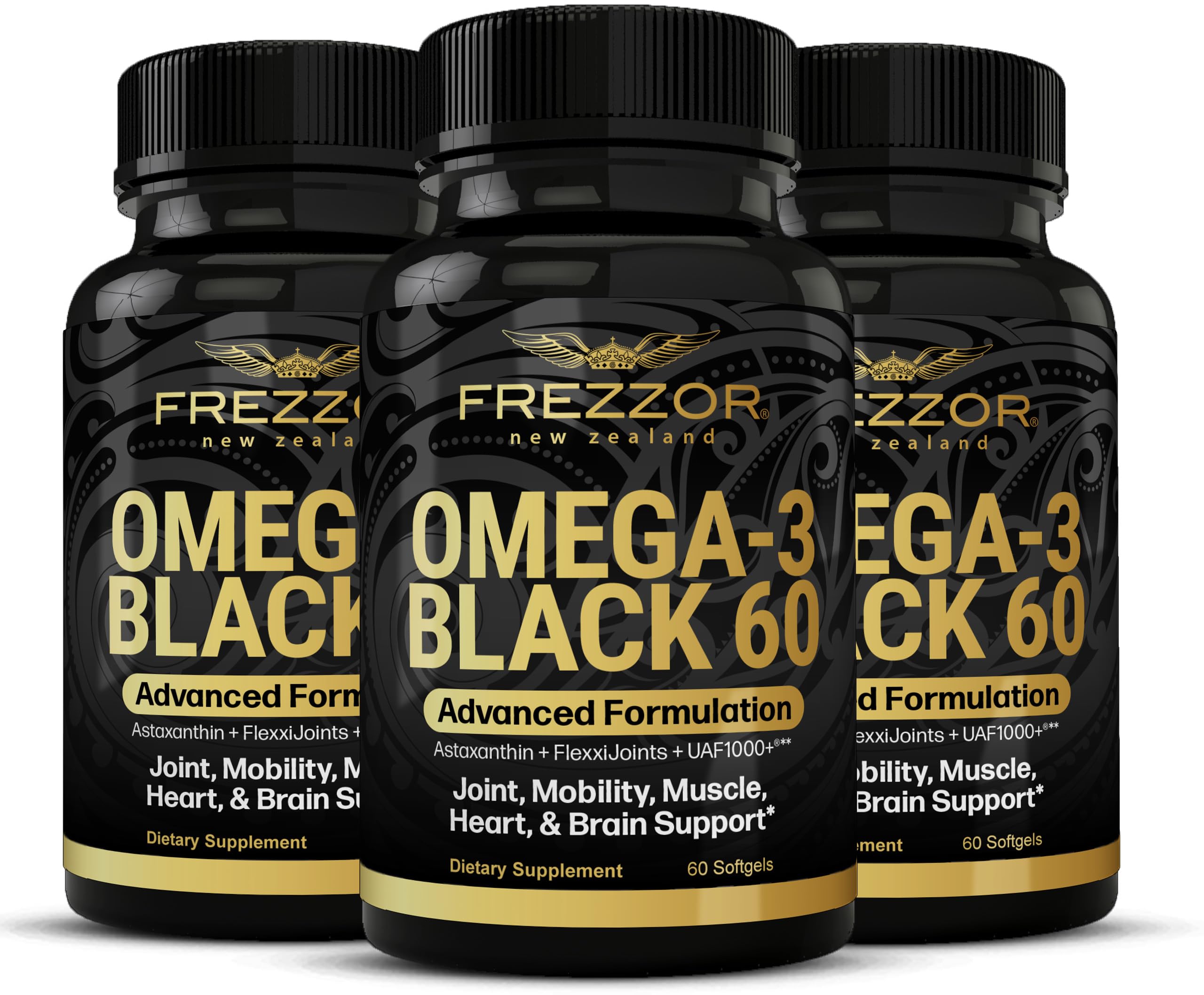FREZZOR Omega 3 Black bottle front showing joint support capsules.