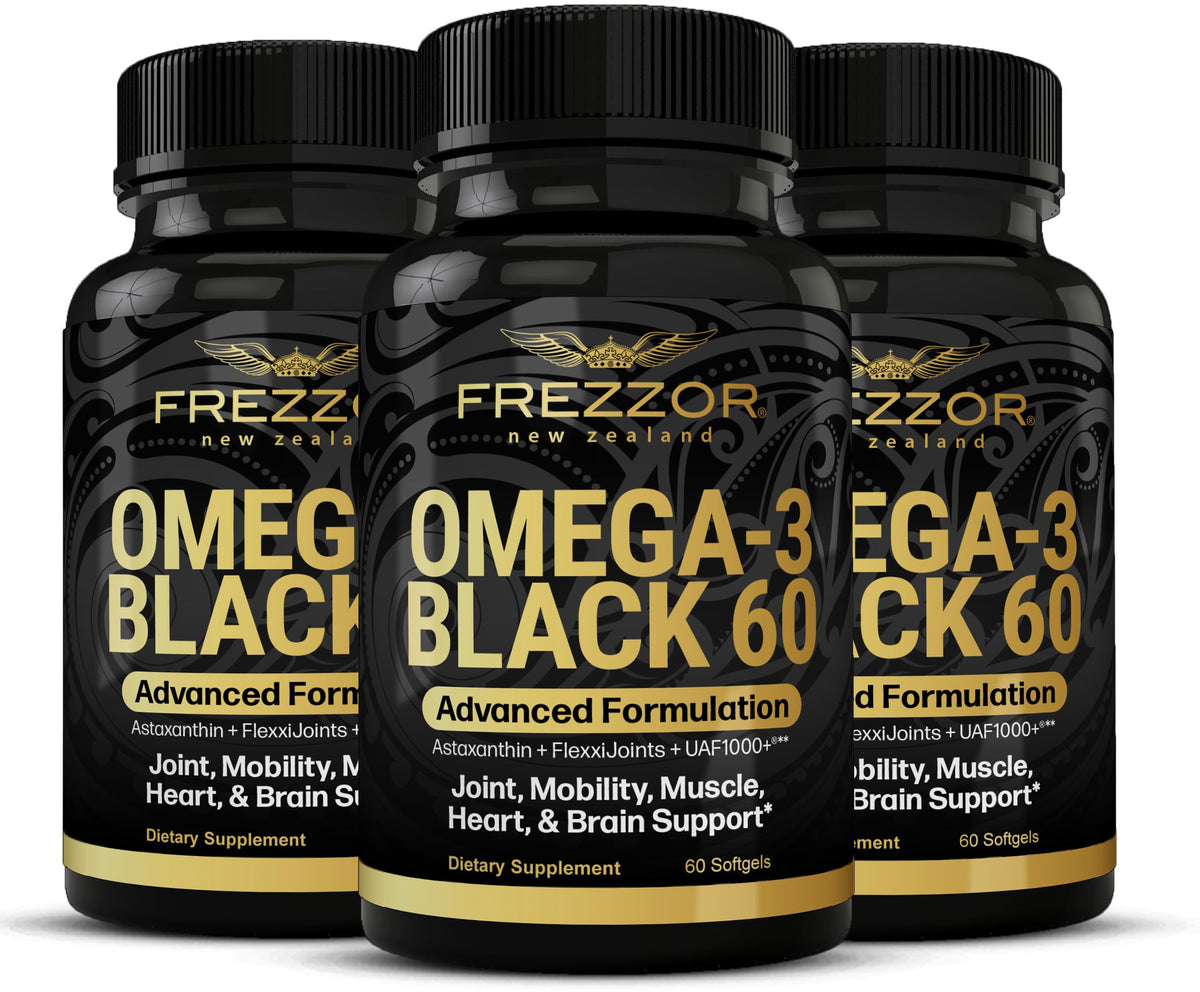 FREZZOR Omega 3 Black bottle front showing joint support capsules.