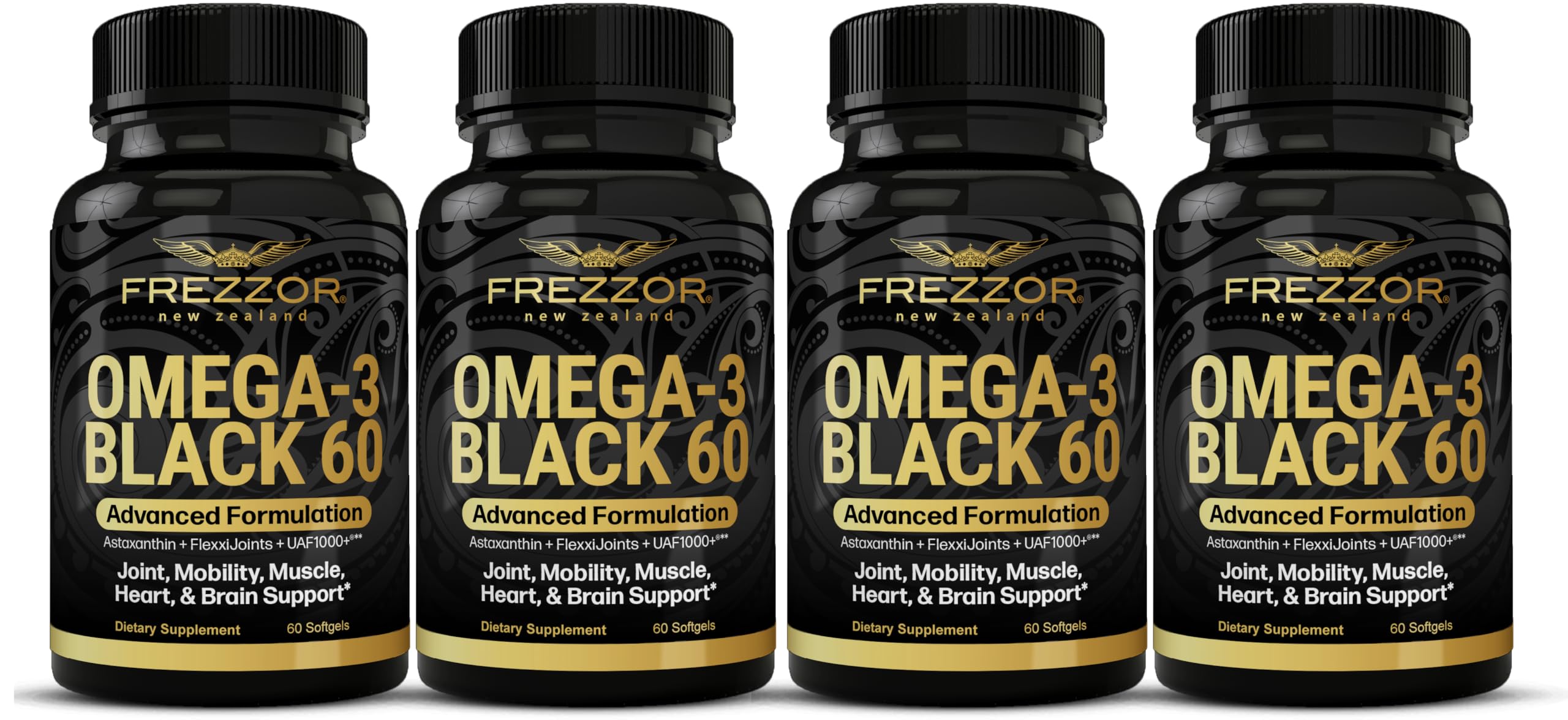 FREZZOR Omega 3 Black bottle front highlighting high-potency mussel oil for joint comfort.