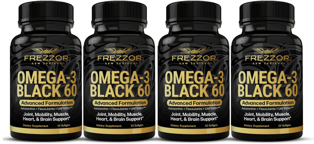 FREZZOR Omega 3 Black bottle front highlighting high-potency mussel oil for joint comfort.