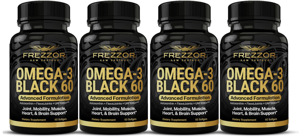 FREZZOR Omega 3 Black bottle front highlighting high-potency mussel oil for joint comfort.