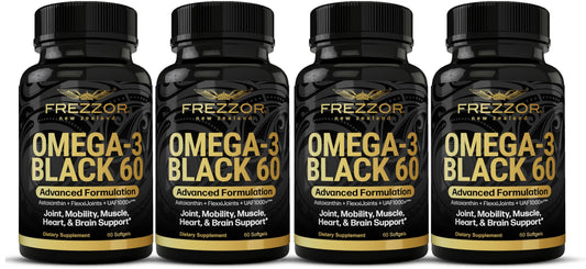 FREZZOR Omega 3 Black bottle front highlighting high-potency mussel oil for joint comfort.