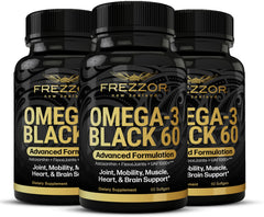 FREZZOR Omega 3 Black bottle front showing joint support capsules.