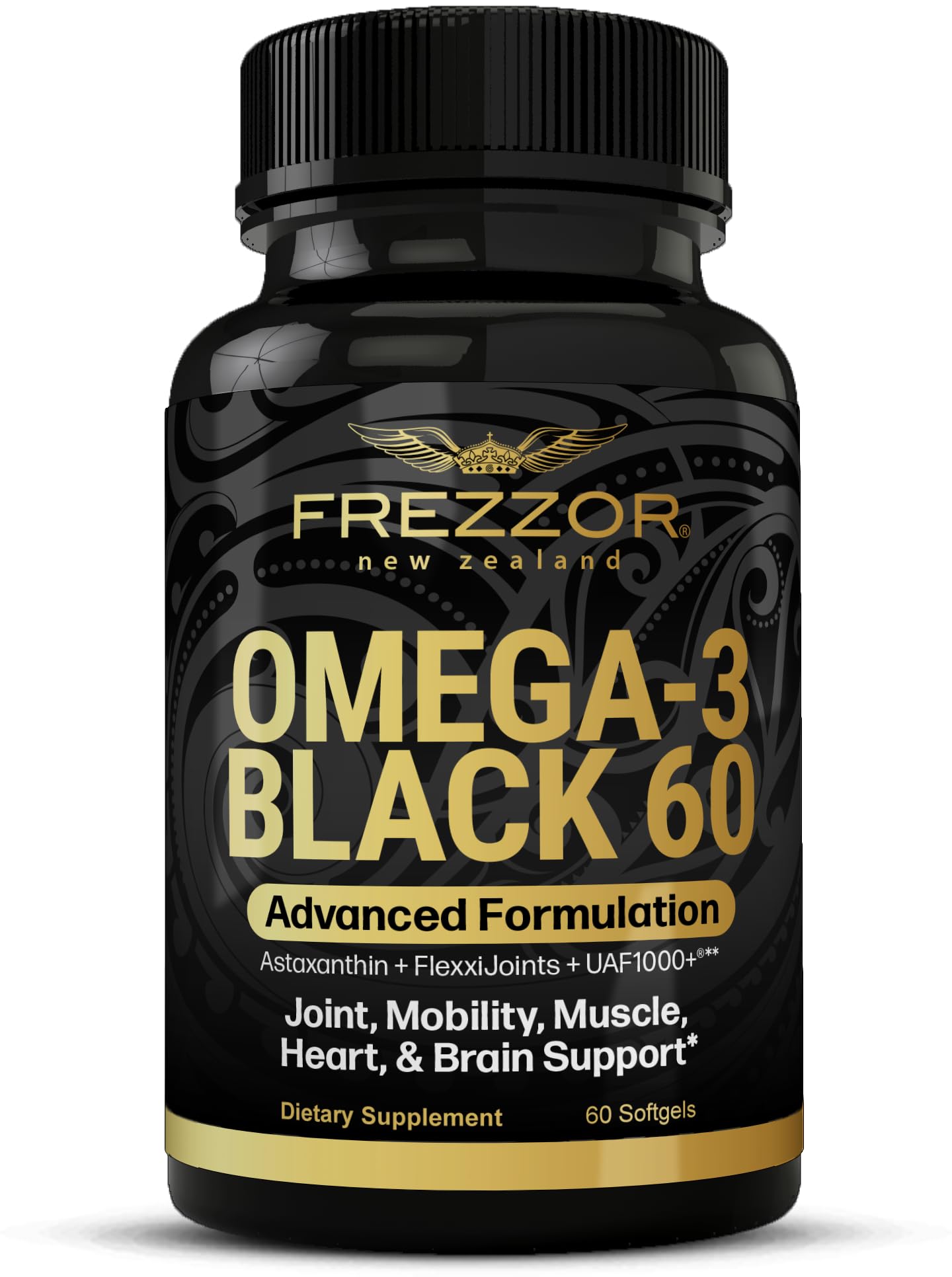 Frezzor Omega-3 Black bottle with capsules for daily joint support.