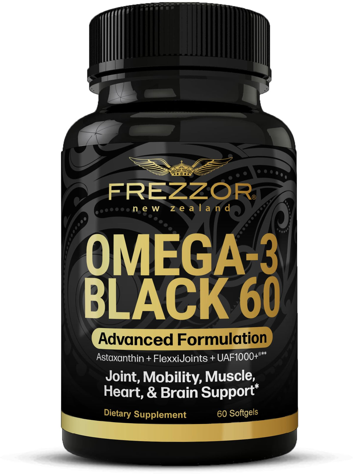 Frezzor Omega-3 Black bottle with capsules for daily joint support.