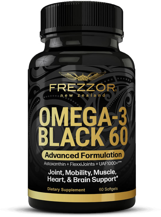 Frezzor Omega-3 Black bottle with capsules for daily joint support.
