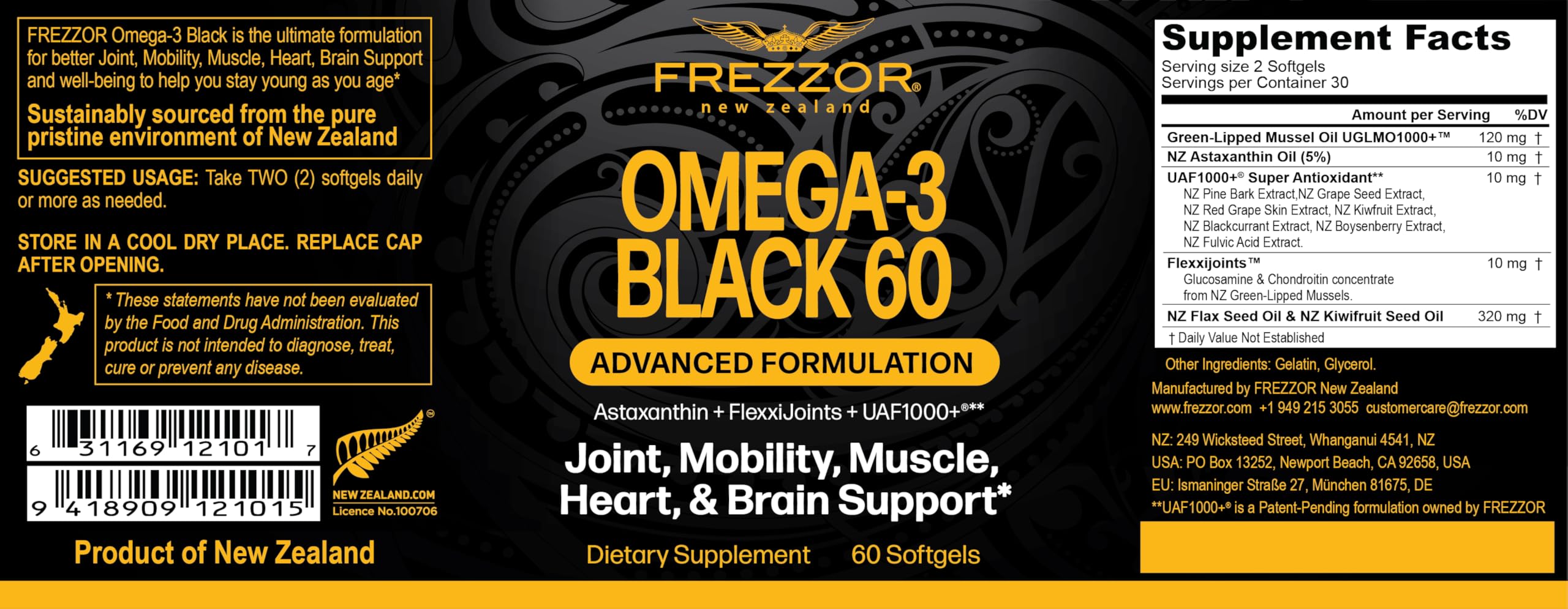 Frezzor Omega-3 Black capsules close-up, small and easy to swallow.