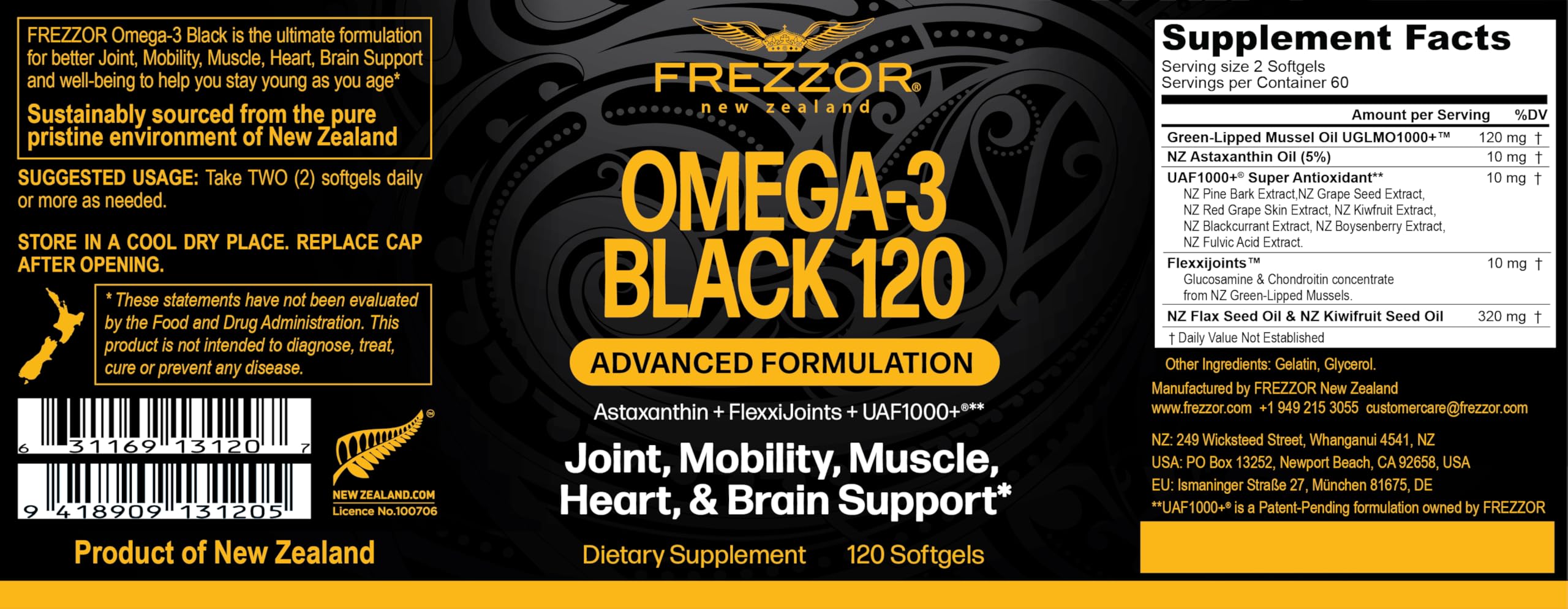 FREZZOR Omega-3 Black capsules shown as small, easy-to-swallow soft-gels.