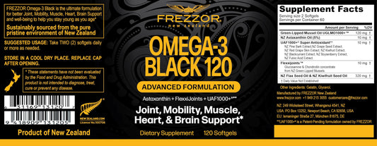 FREZZOR Omega-3 Black capsules shown as small, easy-to-swallow soft-gels.