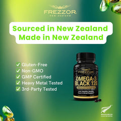 Close-up of FREZZOR Omega-3 Black label highlighting NZ greenshell mussel oil.