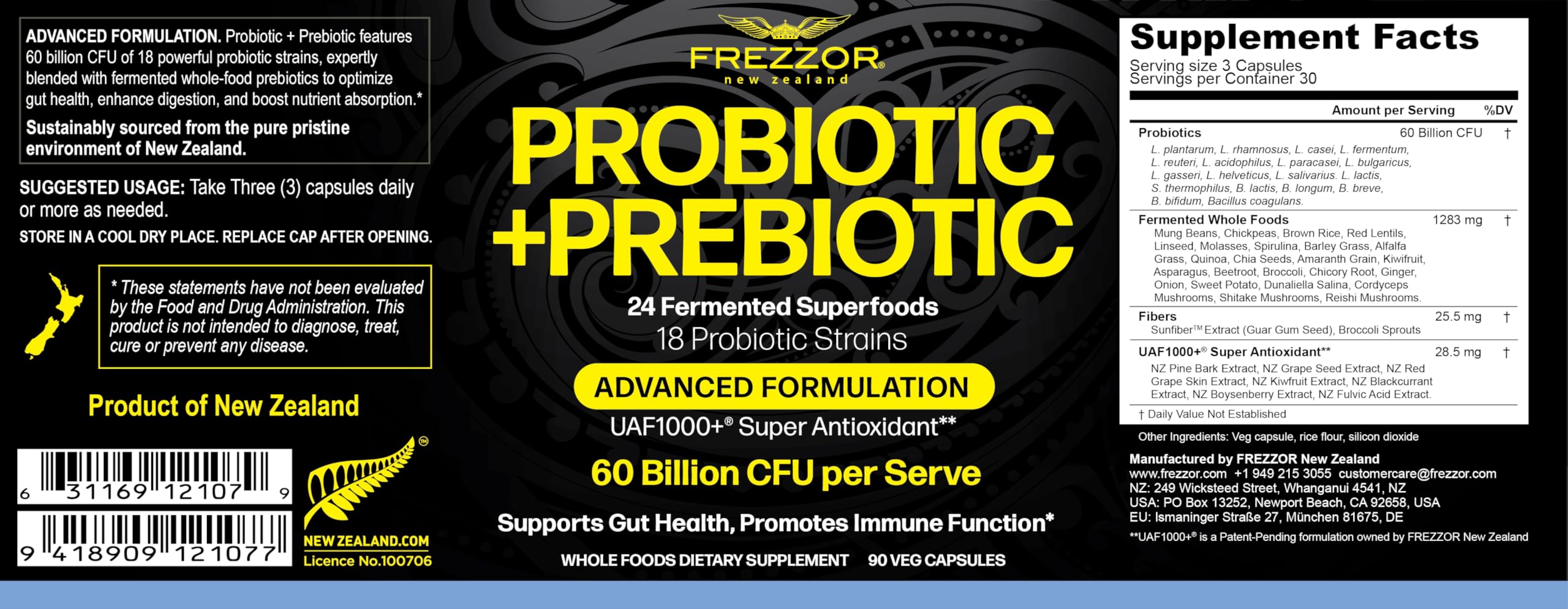 FREZZOR probiotic capsules label close-up highlighting 18 strains for digestive wellness
