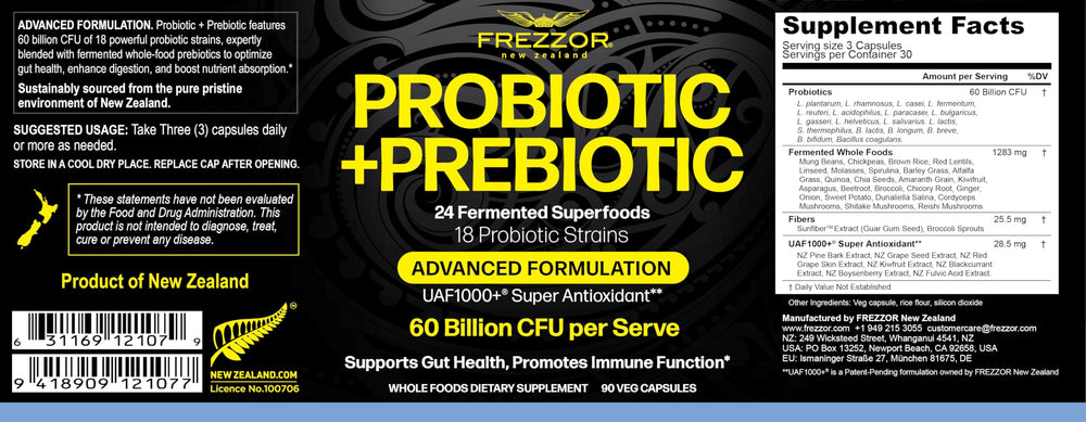 FREZZOR probiotic capsules label close-up highlighting 18 strains for digestive wellness