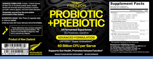 FREZZOR probiotic capsules label close-up highlighting 18 strains for digestive wellness