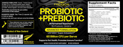 FREZZOR probiotic capsules label close-up highlighting 18 strains for digestive wellness