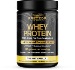 FREZZOR vanilla whey protein powder bottle for lean muscle support.