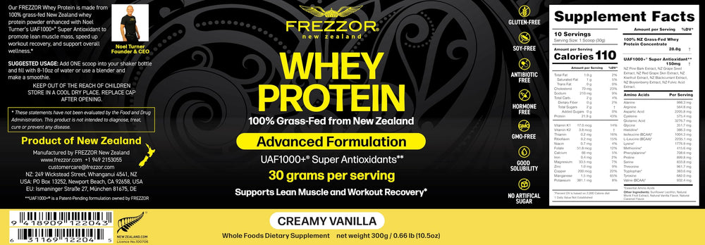 FREZZOR vanilla whey powder being poured for post-workout recovery.