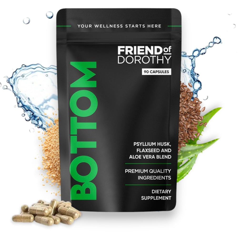 Close-up of Friend of Dorothy Bottom capsules, a plant-based fiber supplement for regularity.