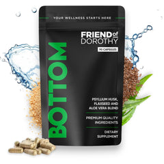 Close-up of Friend of Dorothy Bottom capsules, a plant-based fiber supplement for regularity.