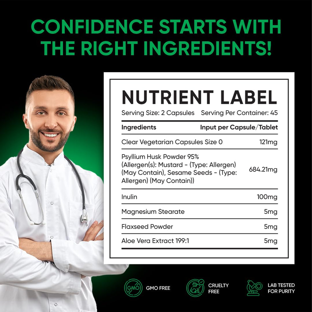 Ingredients label showing flaxseed, psyllium husk, and aloe vera in a simple plant-based mix.