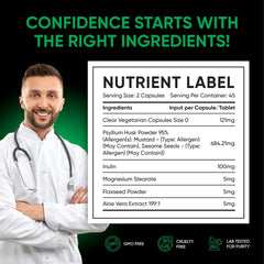 Ingredients label showing flaxseed, psyllium husk, and aloe vera in a simple plant-based mix.
