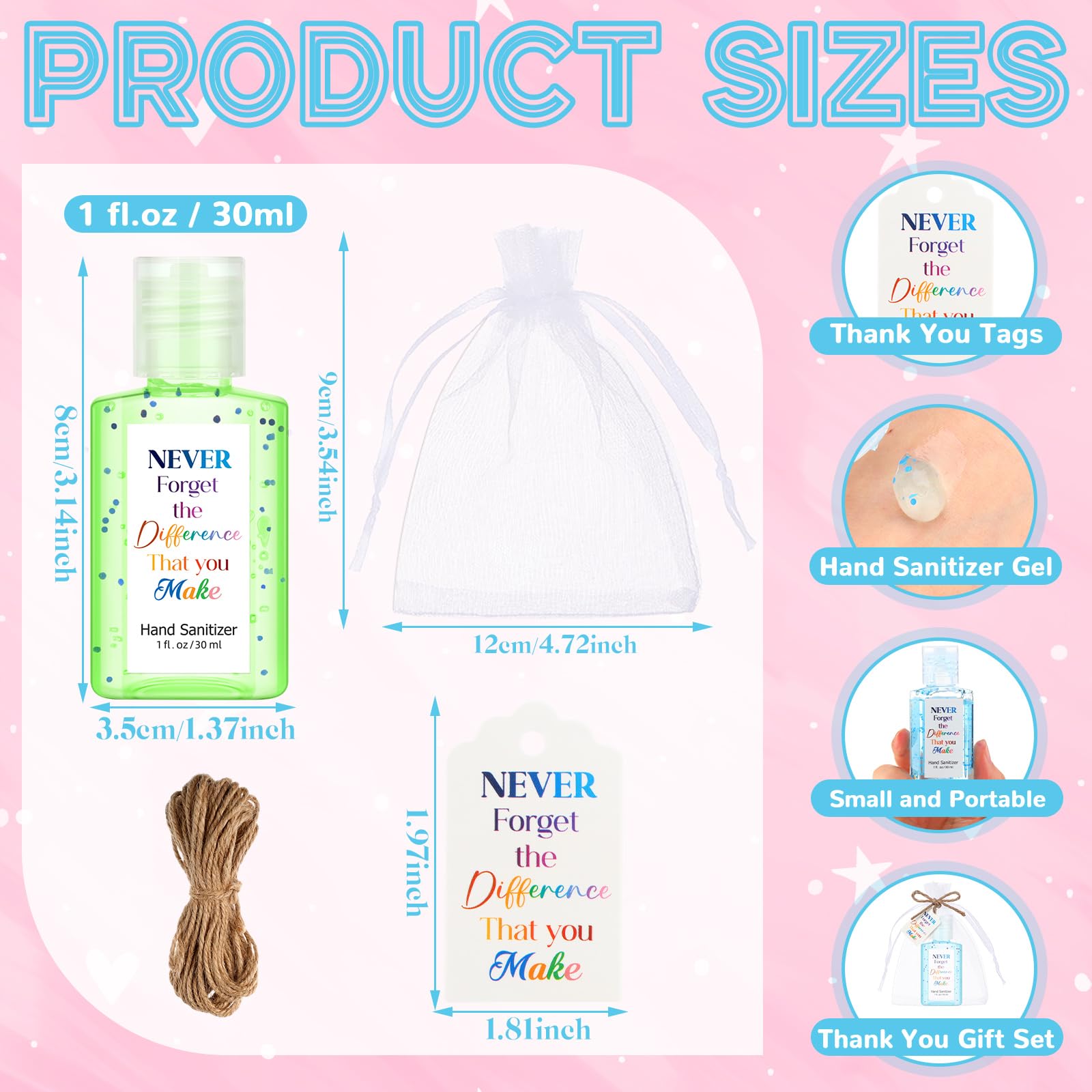 Frienda organza bags accompany each mini sanitizer for elegant gift presentation.