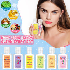 Frienda six-scent hand sanitizer collection in 1oz bottles.
