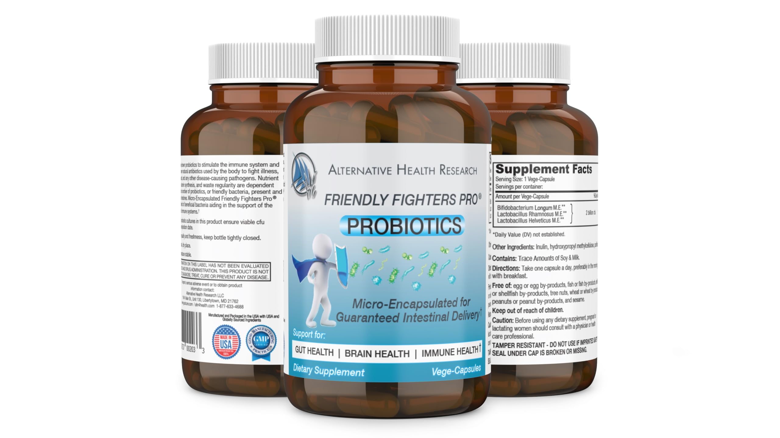 Friendly Fighters Pro label highlights micro-encapsulation delivery for stronger intestinal reach.