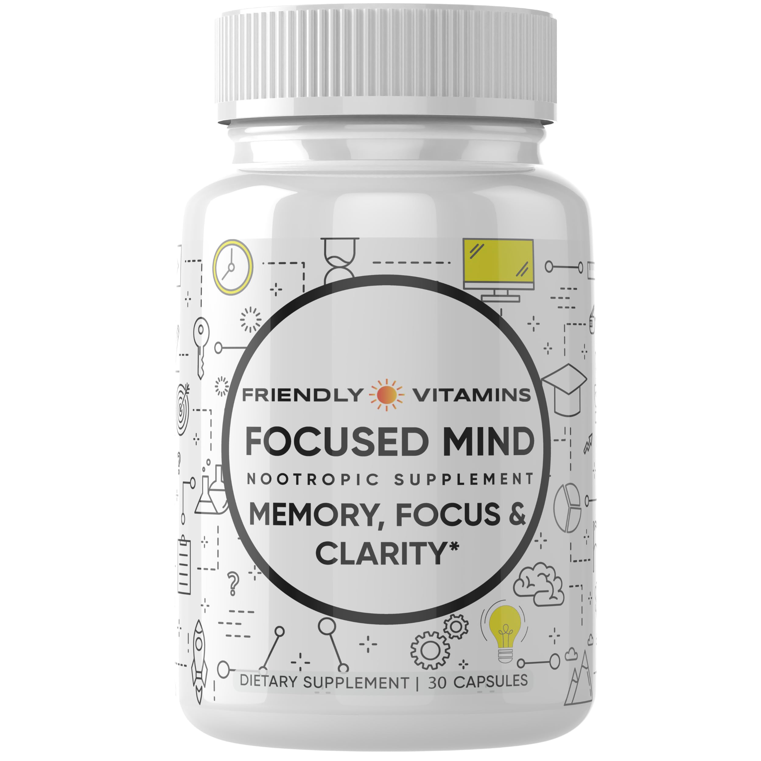 Friendly Vitamins Focused Mind bottle front, convenient daily brain support for focus.