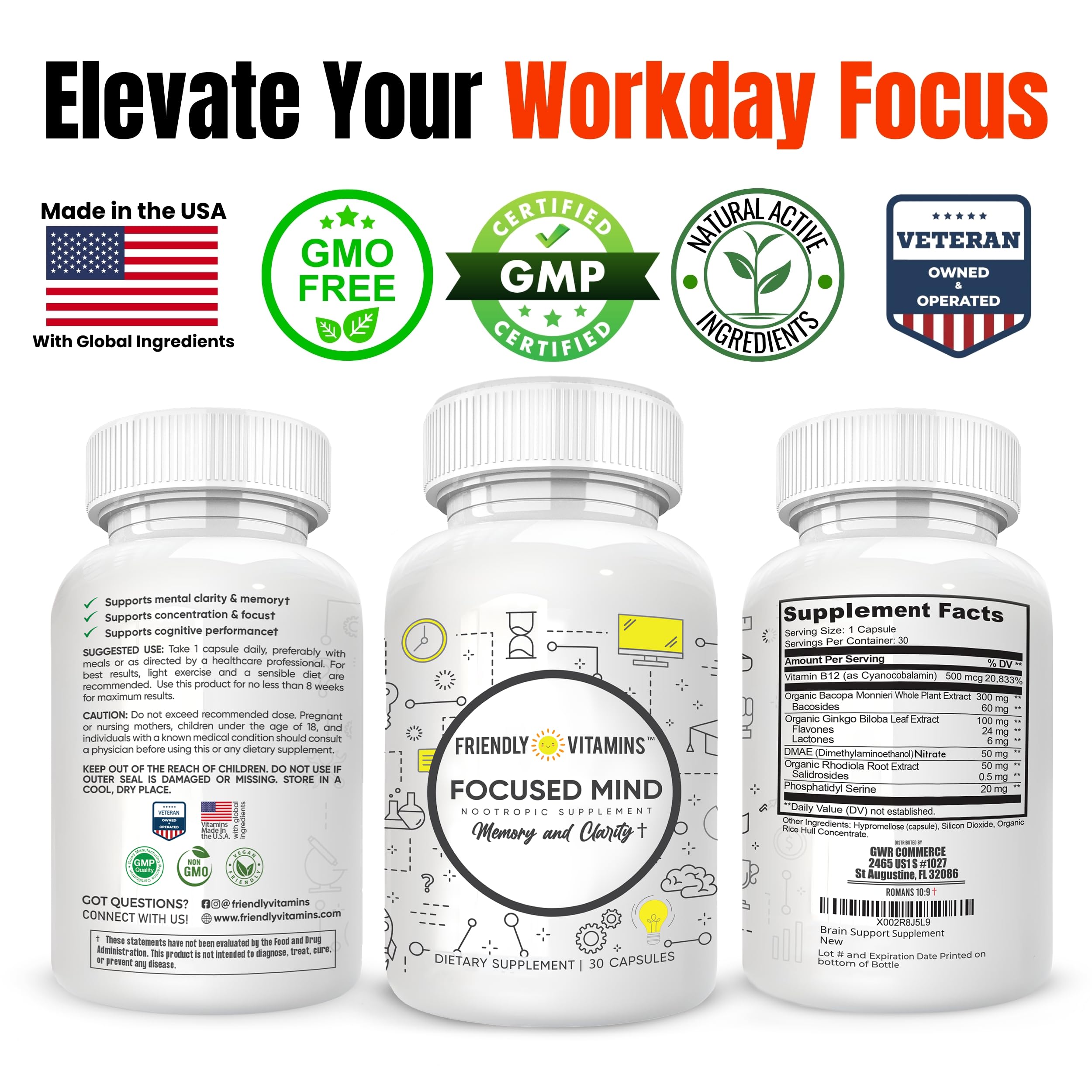 Friendly Vitamins Focused Mind bottle side showing ingredients for daily cognitive support.