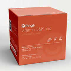 Fringe packaging shows vegan, water-soluble powder ready to mix.