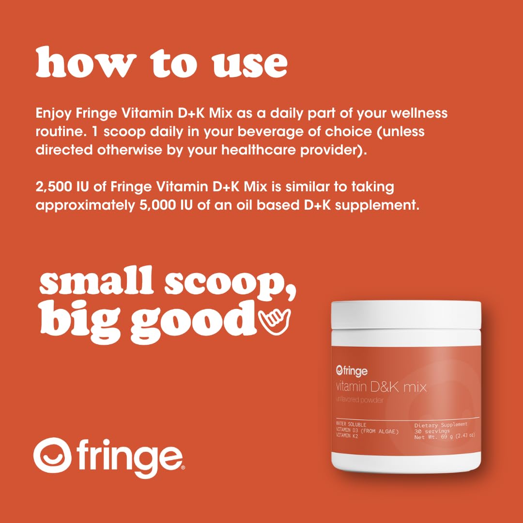 Fringe D3-K2 mix scoop dispensing into liquid for easy daily use.