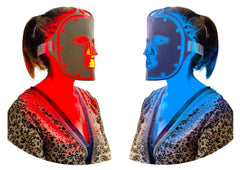 Fringe Red Face Mask on the face with 234 LEDs for full-face light therapy.