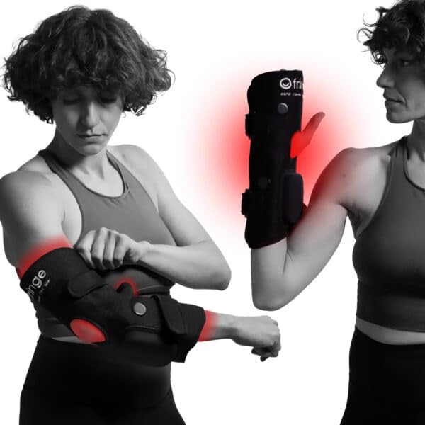 Fringe red light therapy wrap on elbow targets elbow recovery after training.