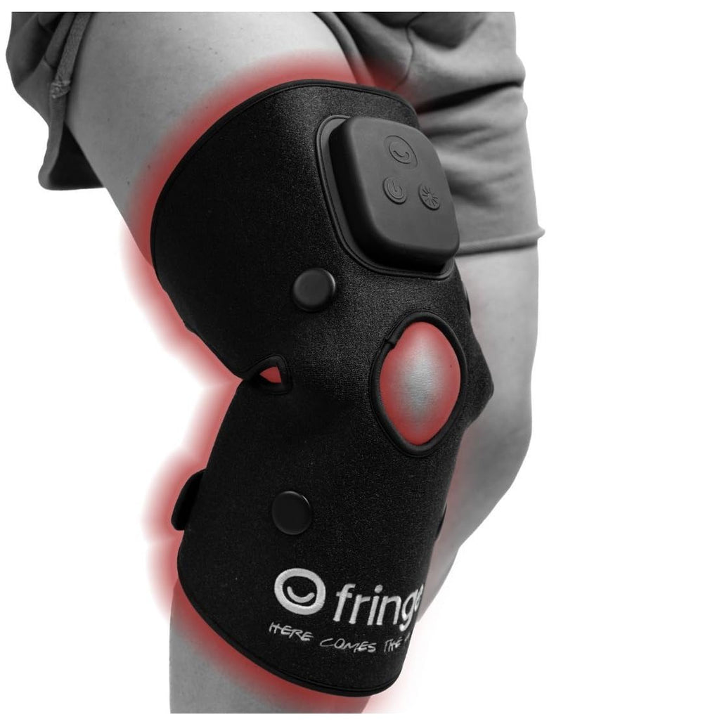 Fringe red light therapy wrap on knee for recovery support after workouts.