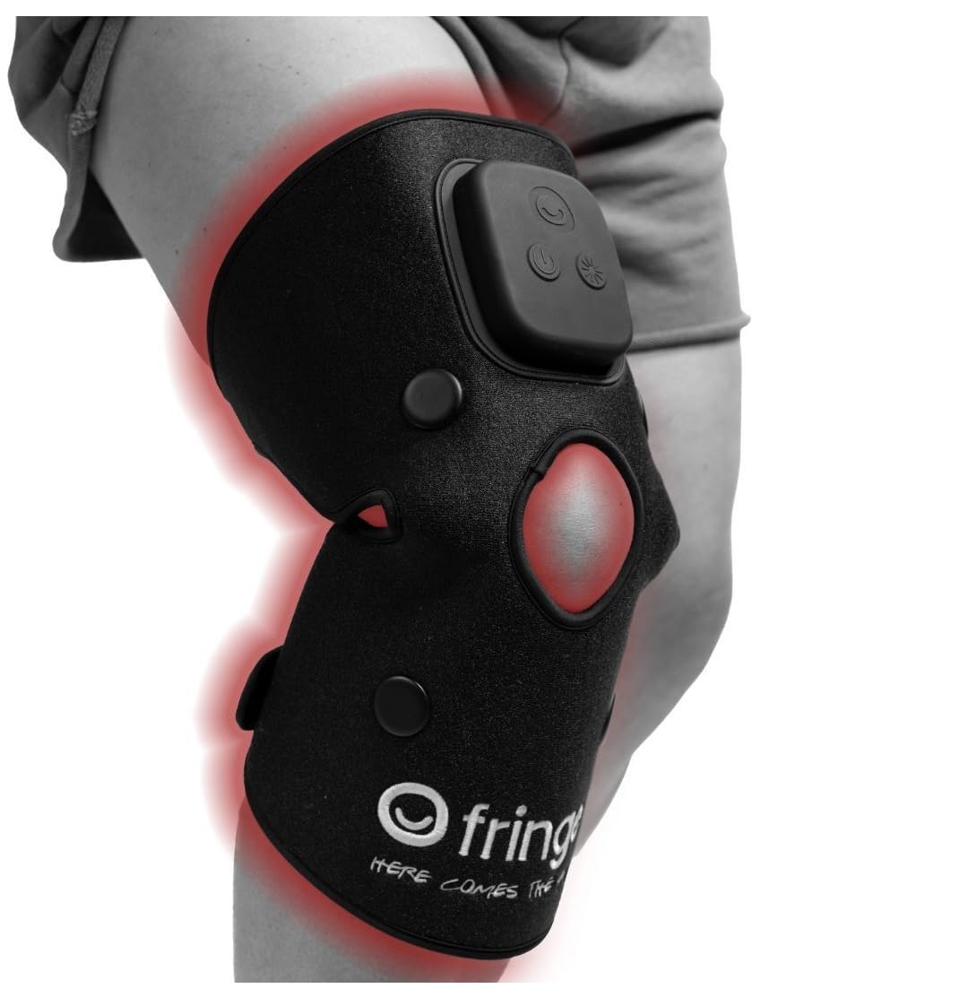 Fringe red light therapy wrap on knee for recovery support after workouts.