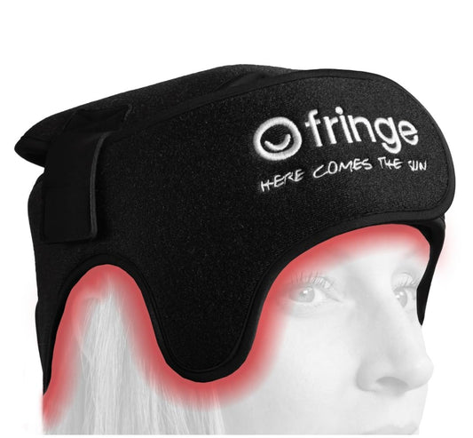 Fringe Red Light Wrap worn on the headband for scalp and hair care